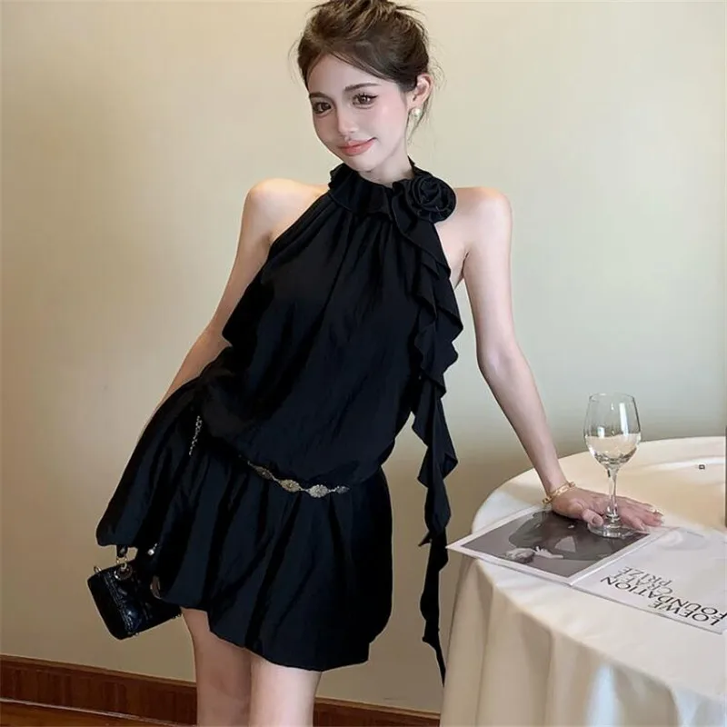 Romantic Rose Flower Black Mini Dress 2024 New Summer Fashion Holiday Halter Short Dress Off Shoulder Sleeveless Party Dress