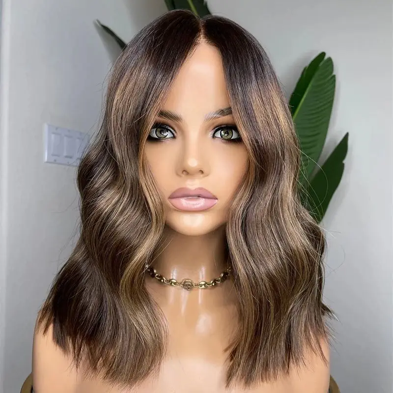 

Коричневый блондин с волнистым бобом длиной до плеч, синтетический кружевной передний коричневый парик с опциями деталей, коричневый волнистый парик средней длины, 12 дюймов