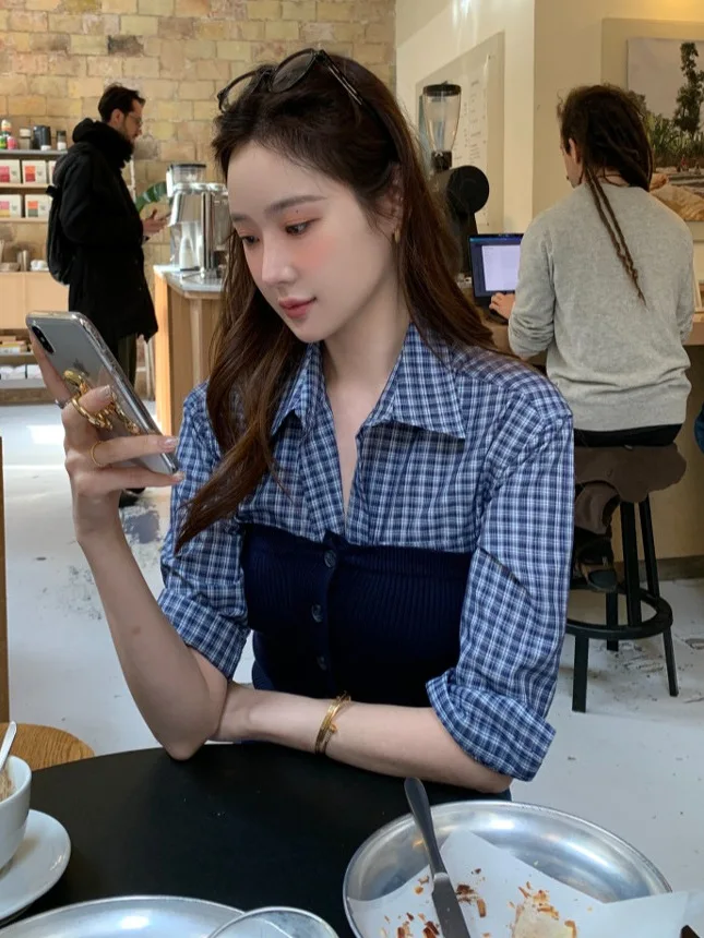 

Retro Plaid Long Sve Collar Women's irt + Knitted Tube Top Two-Piece Set Ele mat Single Button Design