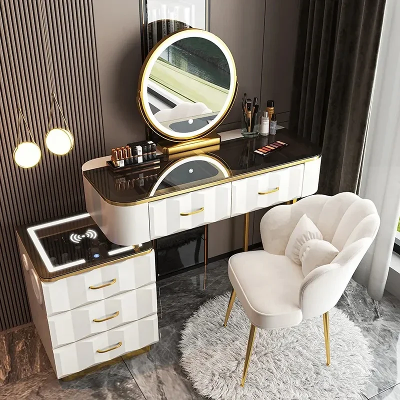 Bedroom Furniture Smart Makeup Vanity Table Set Dressing Table With Mirror And Smart Drawers Cabinet Set