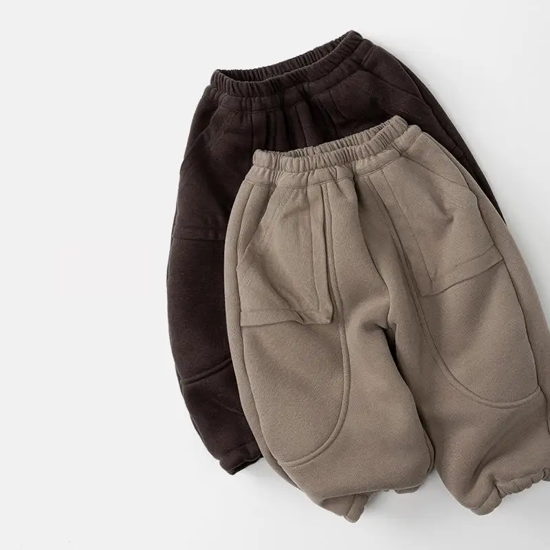 

2025 Winter New Children Fleece Trousers Solid Boys Casual Pants Cotton Girls Plus Velvet Thick Baby Warm Pants Kids Clothes