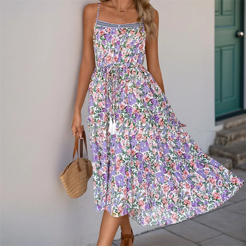 Dourbesty femmes cordon avant longue robe Maxi sans manches Spaghetti sangle imprimé fleuri robe ample robe de vacances Vestido 2025