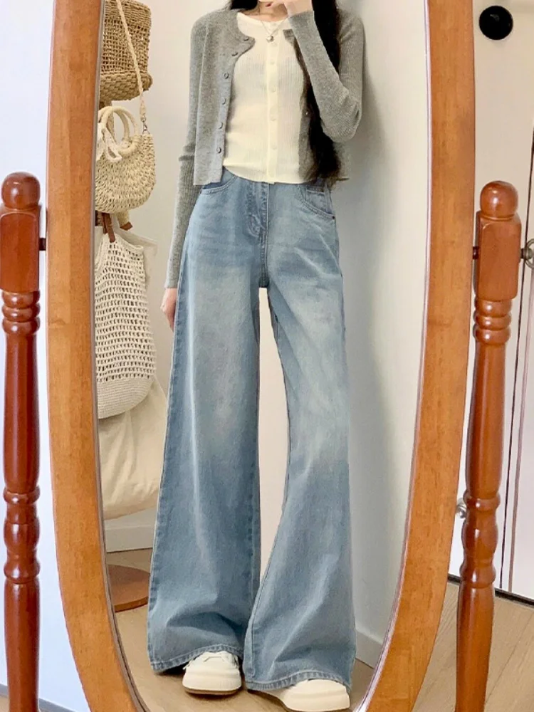 جينز نسائي عالي الخصر وواسع الساق من قماش الدنيم خريفي جديد على شكل قرد الكمثرى سروال مستقيم للتخسيس مقاوم أمريكي