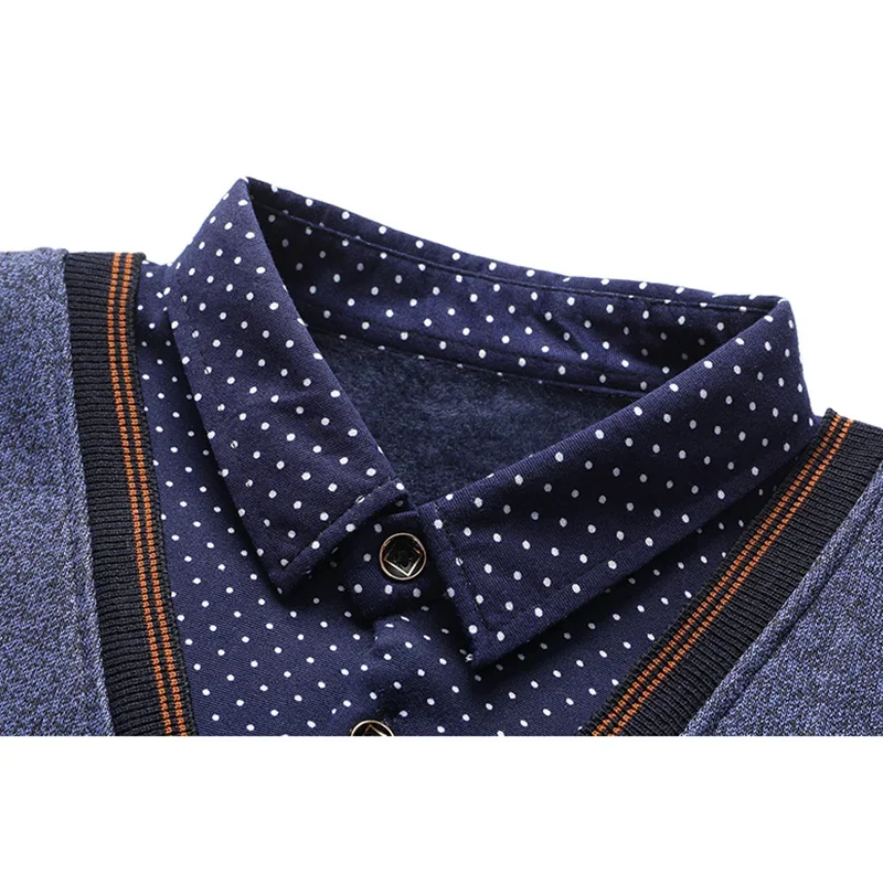 2024 L-4XL Autumn and Winter New Fake Two Piece Sweater Men's Plush Knitted Warm Inner Wear Casual Versatile Pullover Top
