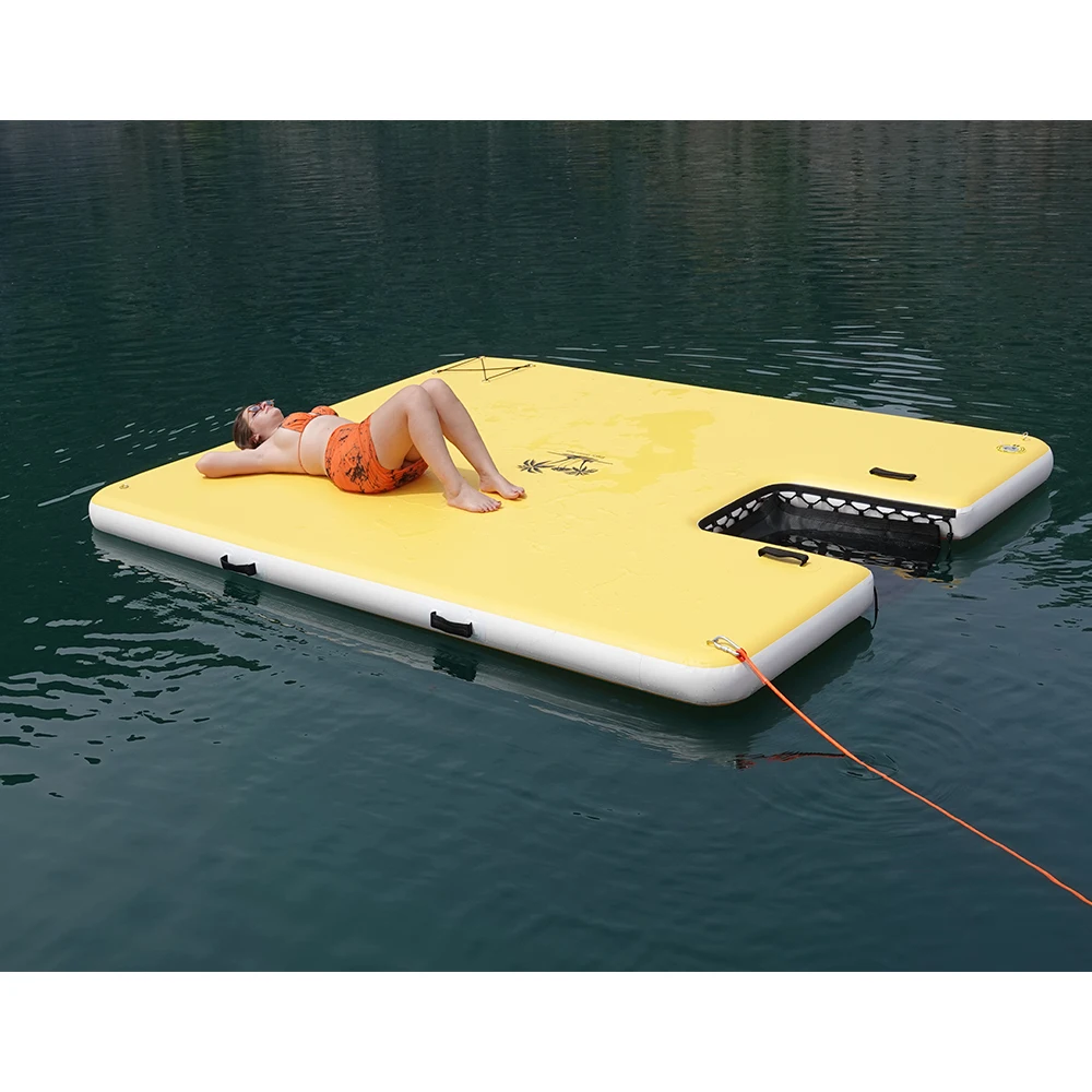 

5ft Drop Stitch Yacht Pontoon For Beach And Lake Inflatable Floating Dock Platform With Mesh And Dog Ramp