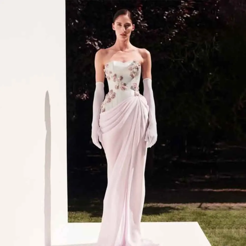 

High Quality Customized Floor Length Wrinkle Sweetheart Pink Sleeveless Flower A-line Beaded Kleider Damen Elegant فساتين السهرة