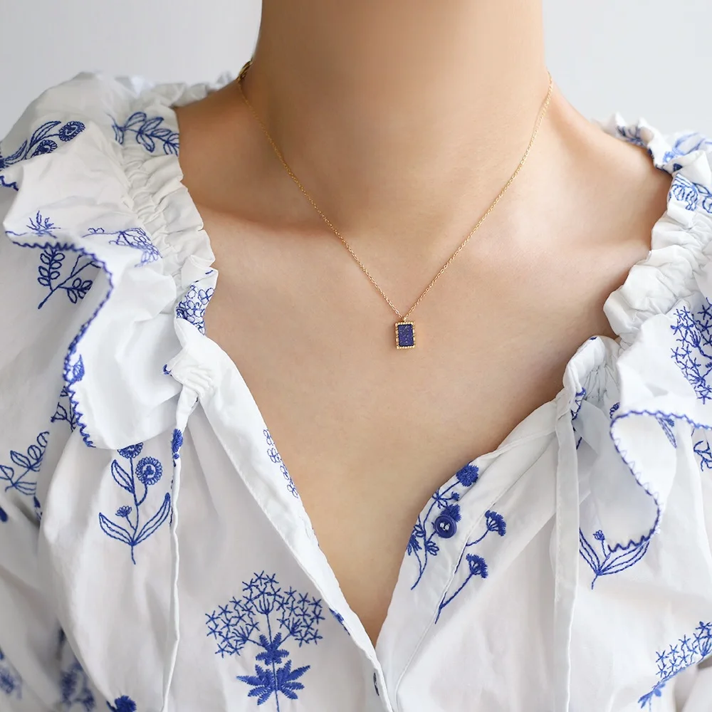 Exquisite Stainless Steel Natural Lapis Lazuli Geometric Pendant Necklace for Women Waterproof Metal Statement Fashion Jewelry