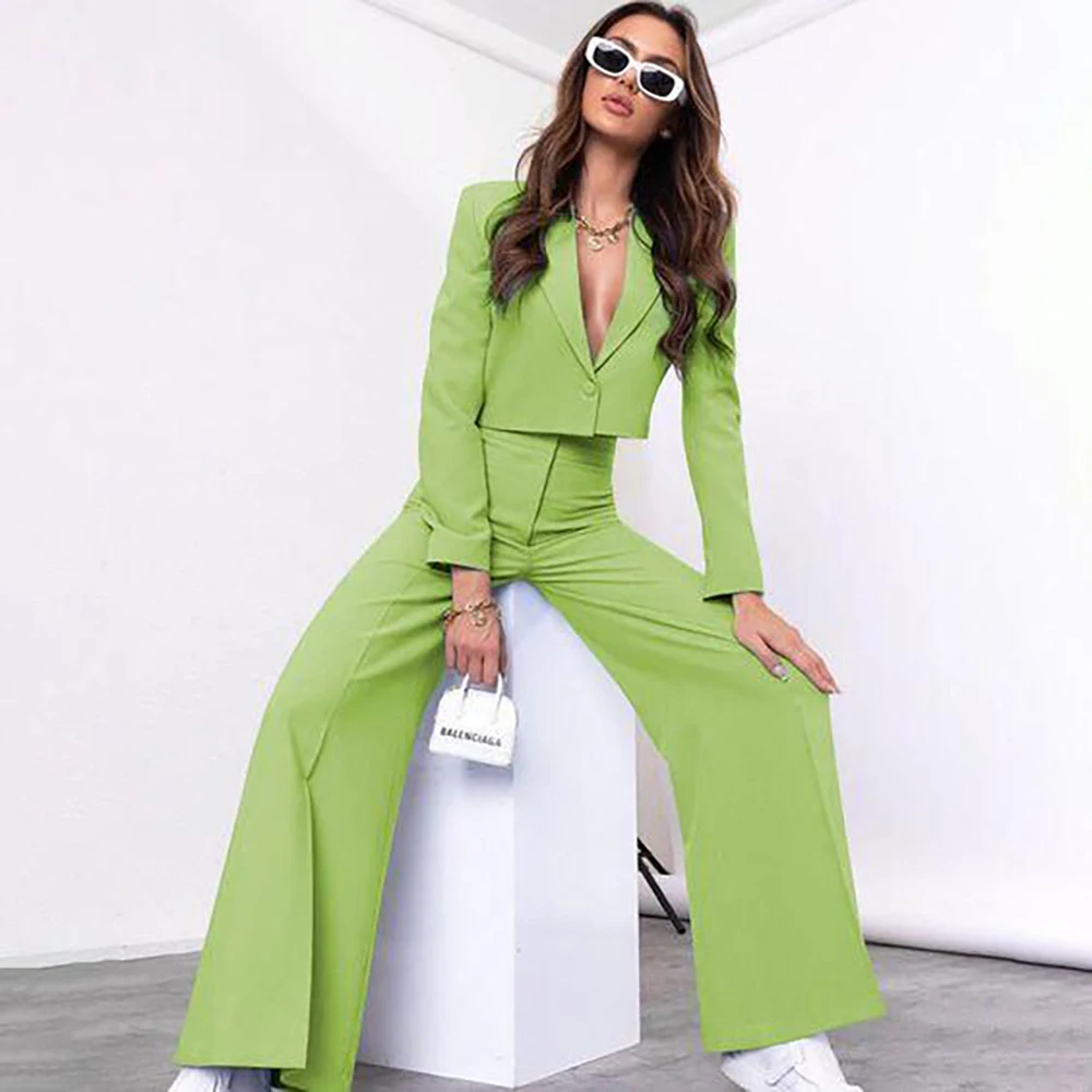 Chic Solid Color Women Pants Set High-end Single Button Female Two Pieces(Blazer+Trousers)أطقم بناطيل