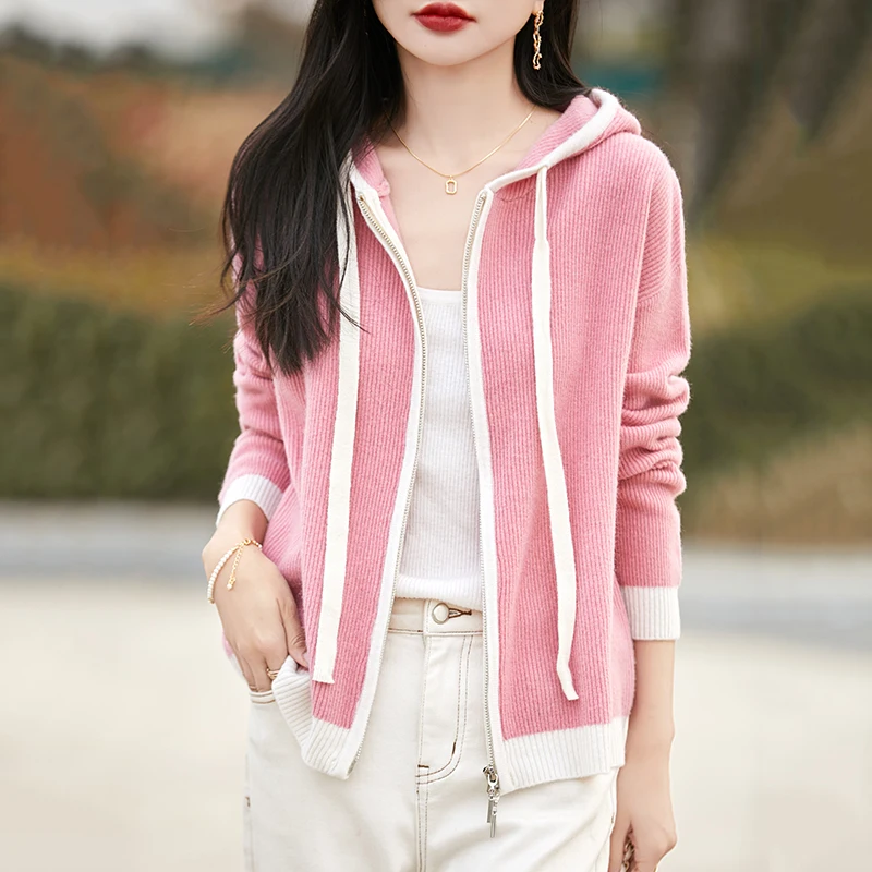

Women's Coat 100% Merino Wool Women's Zipper Hooded Cardigan Casual Loose Large Size Jacket Fashion Korean Tops Thickened Warm