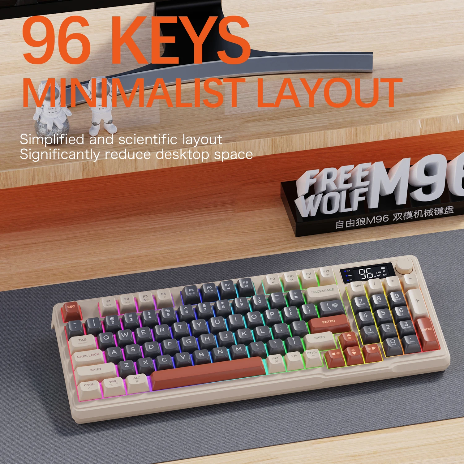 FREEWOLF M96 Wireless Dual Mode Mechanical Keyboard 2.4G Bluetooth 5.0 96 Keys Hot-Swappable PBT Keycaps for E-Sports