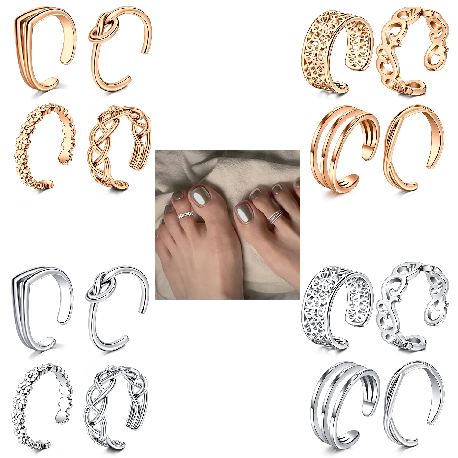4pcs Adjustable Toe Rings for Women Open Stainless Steel Toe Ring Set with Cubic Zirconia, Ideal for Summer Beach
