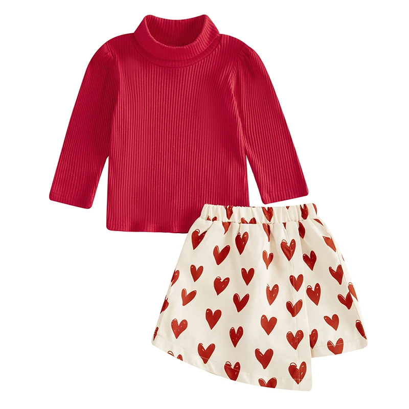 Toddler Girl Valentine s Day Outfits Solid Color Mock Neck Long Sleeve T-Shirts Tops and Heart Print Skorts 2Pcs Clothes Set