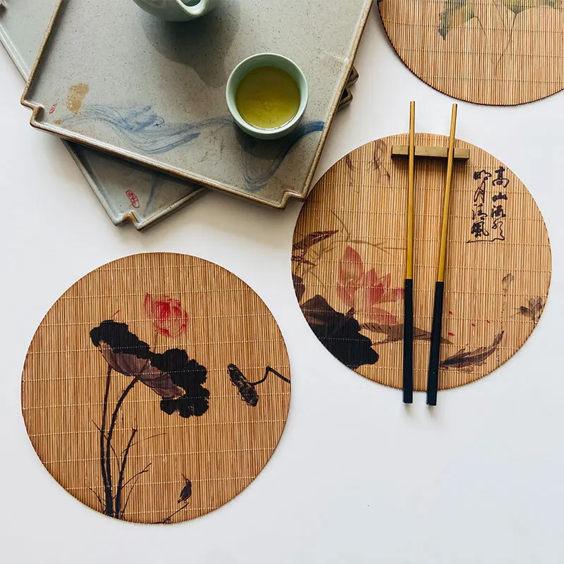 Vintage Chinese Bamboo Tea Mat Heat-Resistant Tea Table Runner Kung Fu Style Insulated Placemat with Printed Design
