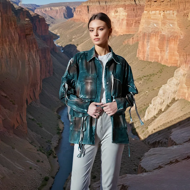 여성 가을 패션 루즈핏 카모플라주 데님 재킷 코트, 큰 포켓 스플라이싱 디자인 워크웨어 개성 스타일