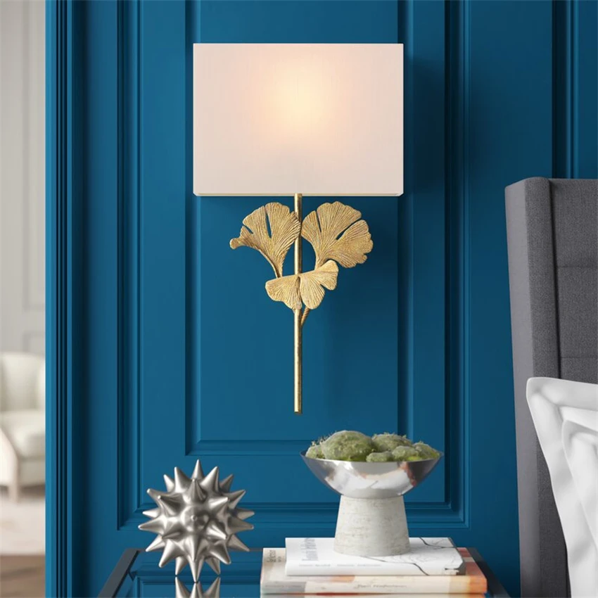American luxury leaves copper wall lamps living room bedroom bedside lamp square fabric art deco