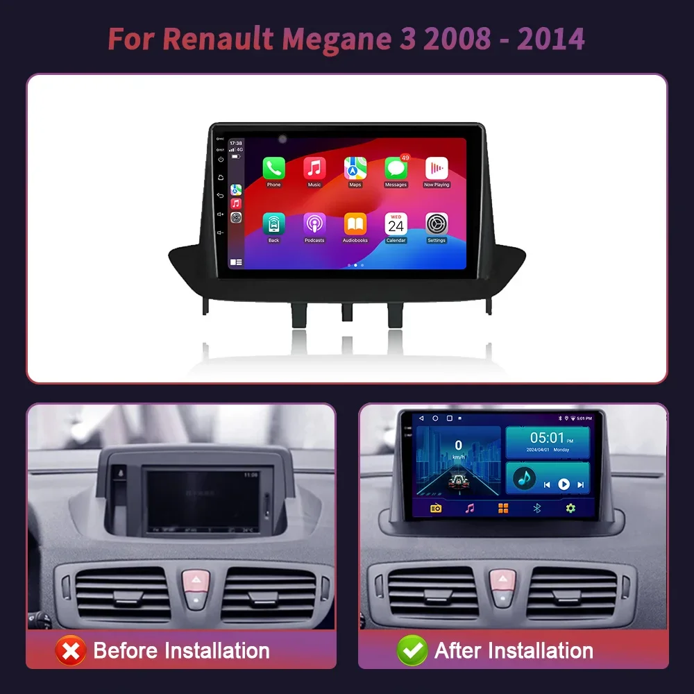 Car Radio For Renault Megane 3 2008-2014 Android 14 Auto Carplay GPS Navigation Multimedia Player 4G BT Rear Camera No 2 din DVD