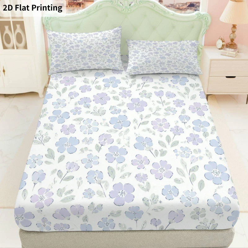 3Pcs Florallavender Fitted Sheet Three Piece Set (1*Fitted Sheet + 2*Pillowcases, Coreless), Bedding Set