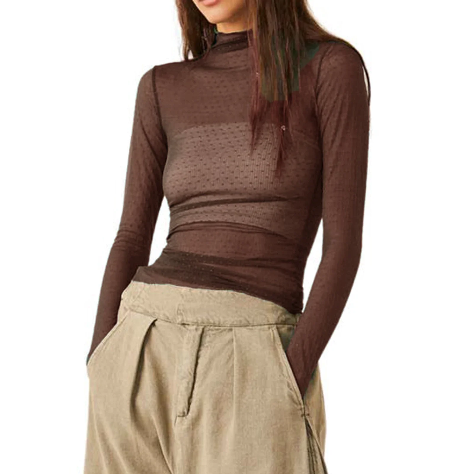 المرأة شير شبكة تي شيرت وهمية الرقبة طويلة الأكمام المحاصيل قمم الرجعية انظر من خلال قميص المحملات #2