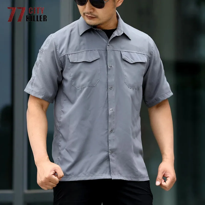 Summer Outdoor Tactical Short Sleeve Shirts Mens Quick Dry Breathable Wear-Resistant Casual Commute Training Military Tops Male