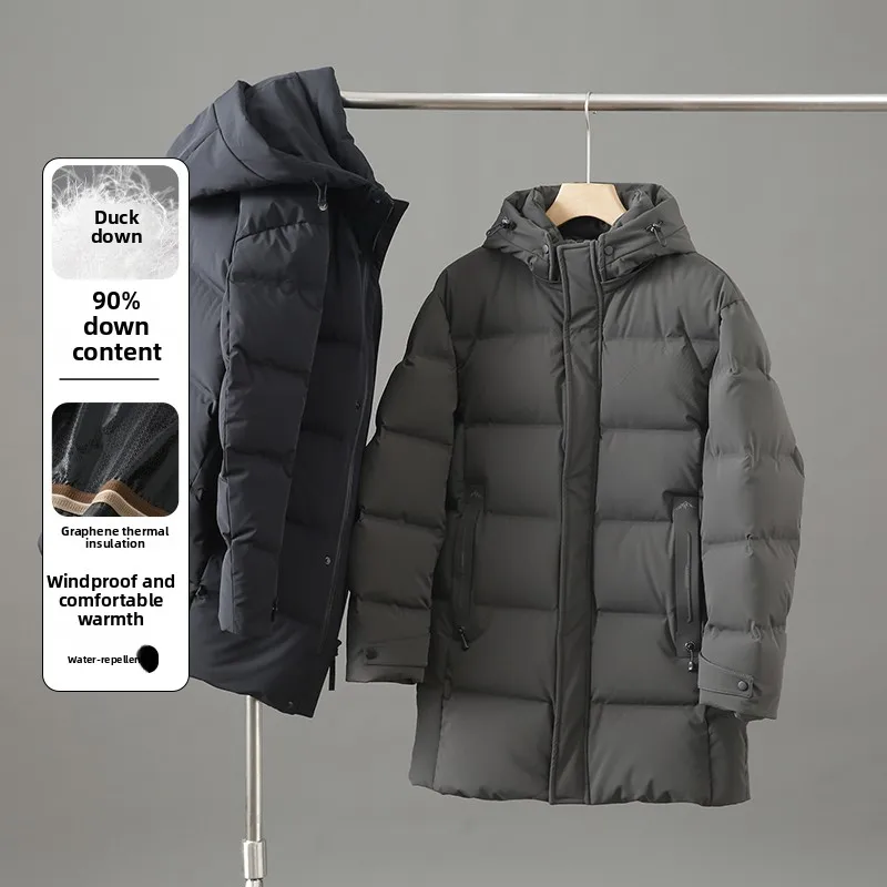 

aphene Heat Reflection down Jaet Men's Thiened Warm Hooded Mid-Length Du down Coat Windproof Waterproof 90% Du down