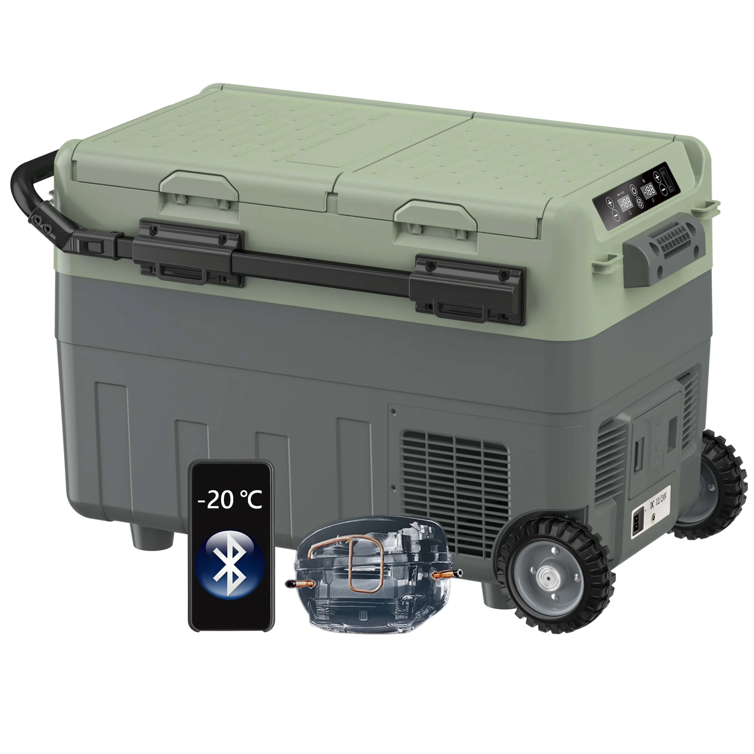 FSX40K 40L DC AC Compressor Solar Internal Light Display Handle Wheel Battery Fast Cooling Double Zone Mobile Car Freezer