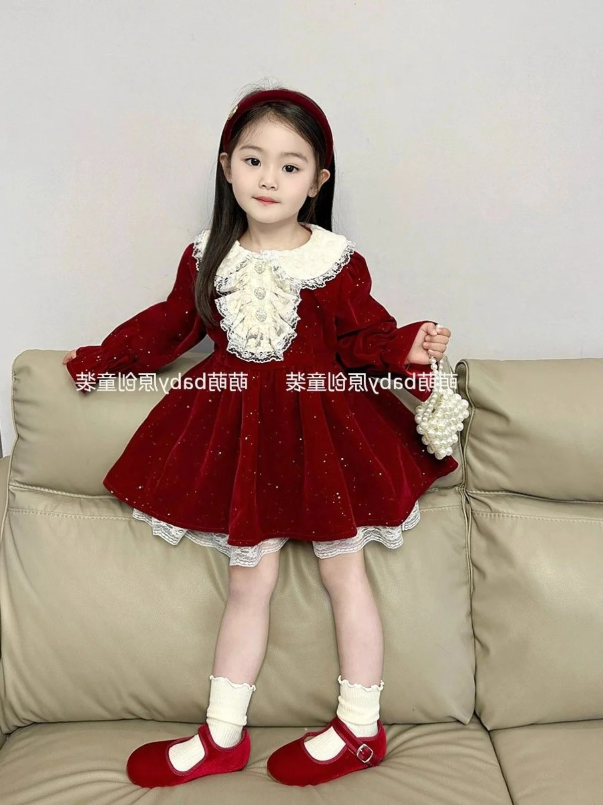 Girls Red Dress 2024 Autumn Winter New Red Fine Glitter Lace Collar Velvet Dress Baby Girls Velvet Princess Dress Skirt Clothes