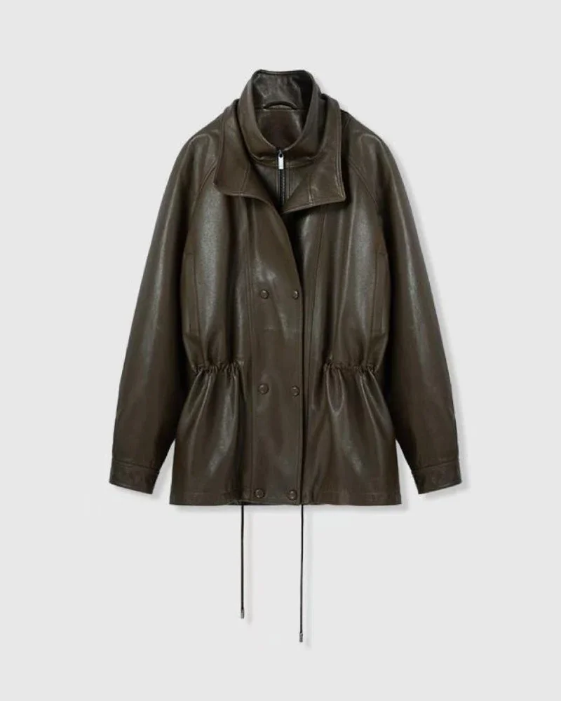 veste Spring and Autumn Double Collar Drawn Waist Leather Jacket Retro Medium Long Loose Skinny Leather Coat for Women