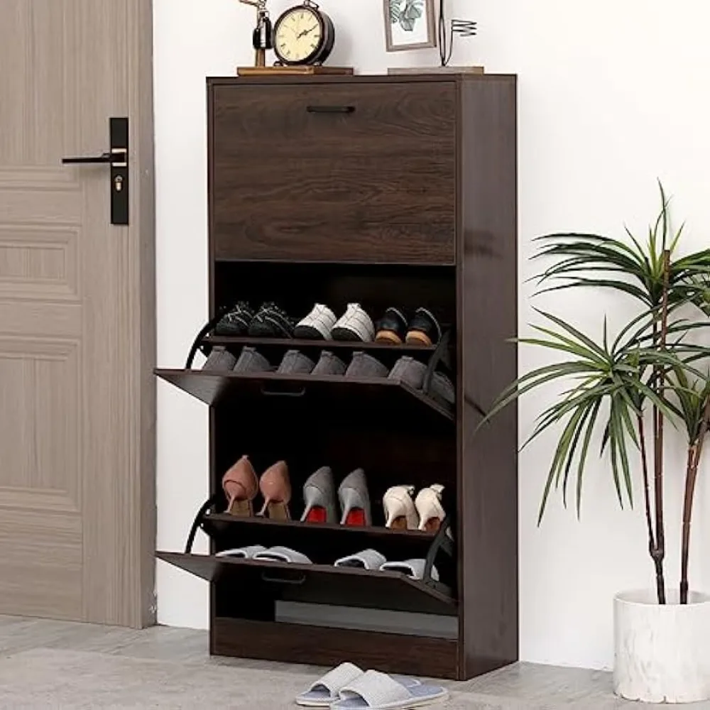 Brown Shoe Cabinet for Entryway with 3 Flip Doors & Adjustable Shelf, Narrow Shoe Storage Cabinet of Wood, Modern Free Standing