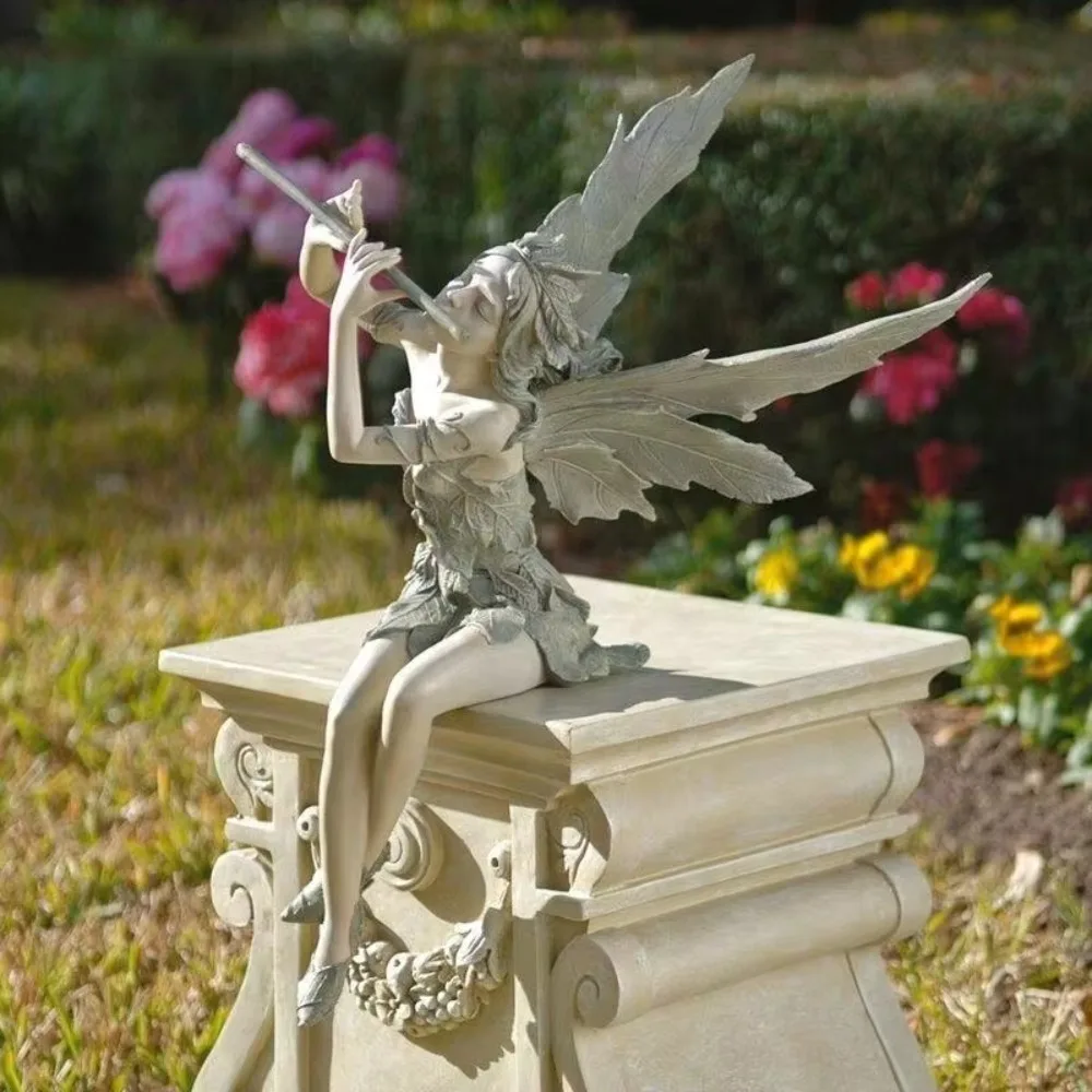 Funny Resin Craft Ornament Figurines Playing The Flute With Wings Figurine Fairy Statue Sit Garden Supplies Potted Plant