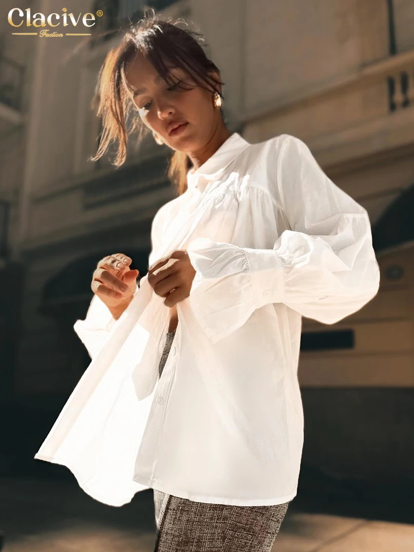

Clacive Fashion Loose White Cotton Women's Blouse 2025 Casual Lapel Long Sleeve Shirt Elegant Classic Solid Top Female Clothing