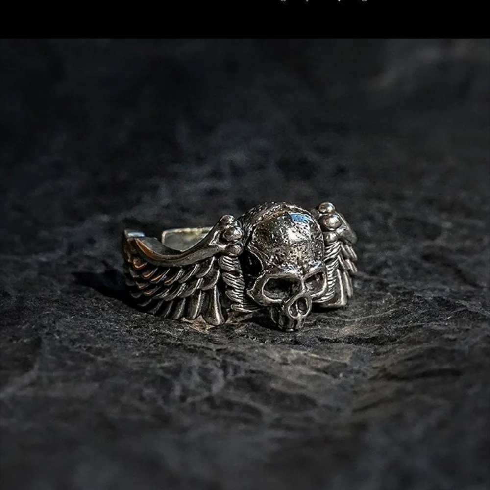 New Simple Creative Trend Street Niche Men and Women Retro Nostalgia Punk Hip-hop Personality Wings Skull Open Ring Accessories