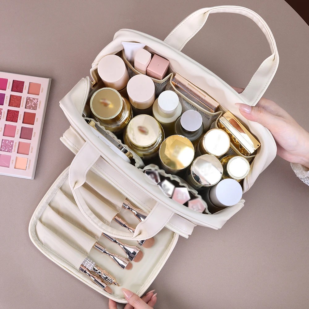 Große Kosmetiktasche aus PU-Leder, tragbarer Make-up-Organizer, geeignet für Reisen und den täglichen Gebrauch, zur Aufbewahrung von Kosmetikartikeln und Toilettenartikeln. – Detail 6