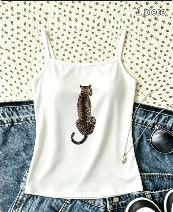 Women Dark Y2K Safari Leopard Figure Spaghetti Strap Camisole Coquette Sleeveless Tank Top Beach Getaway Black White Vest