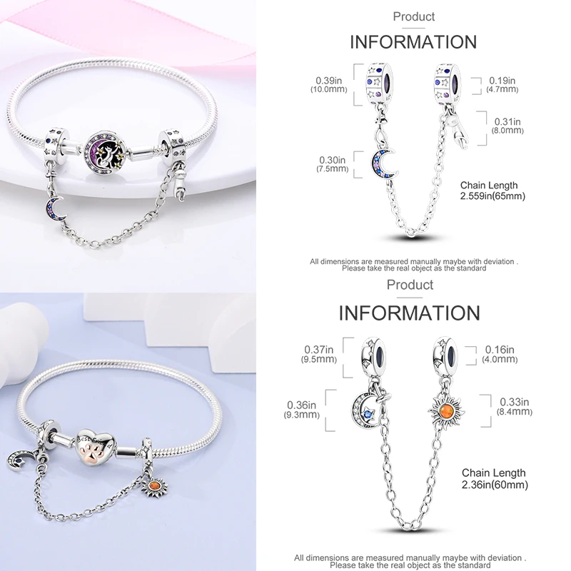 925 Sterling Silber Sicherheitskette Charm-Perlen Himmelskörper Mond Sonne Herz Marienkäfer Schleife DIY Armband Schmuck Geschenk für Frauen Mädchen – Detail 12