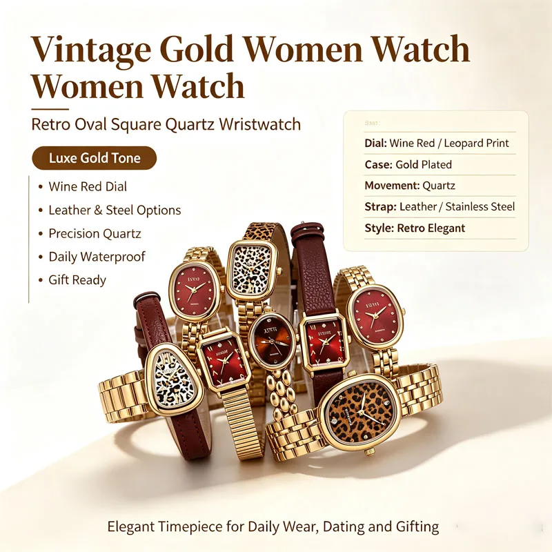 Vintage Oval & Square Quartz Wrist Watch for Women, Luxury Minimalist Red‑Dial Gold‑Toned Timepiece, Casual Daily Accessory