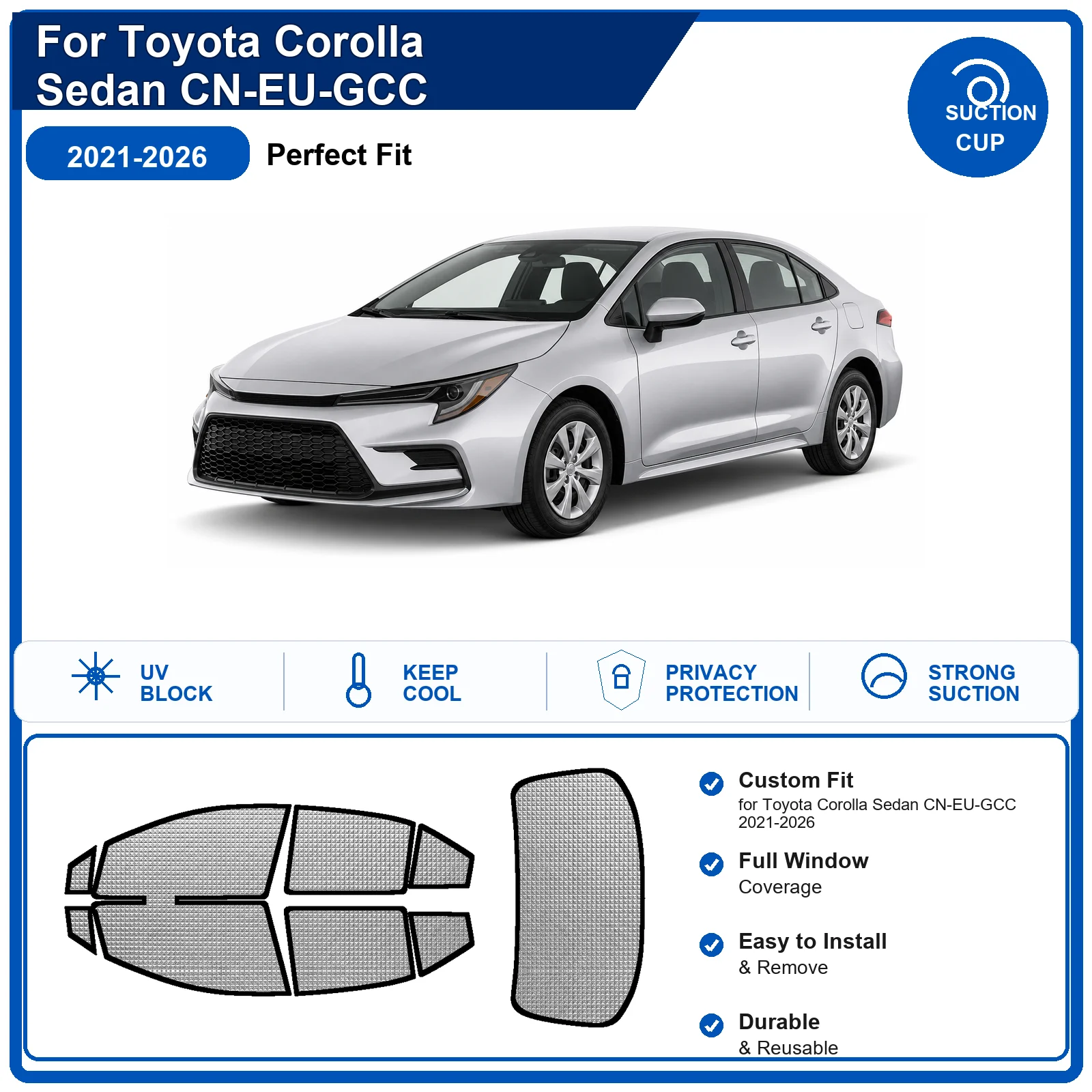 For Toyota Corolla Sedan CN-EU-GCC 2021-2026 Custom Full Set Windshield Sun Shade Aluminum Foil Heat Insulation Anti UV Foldable