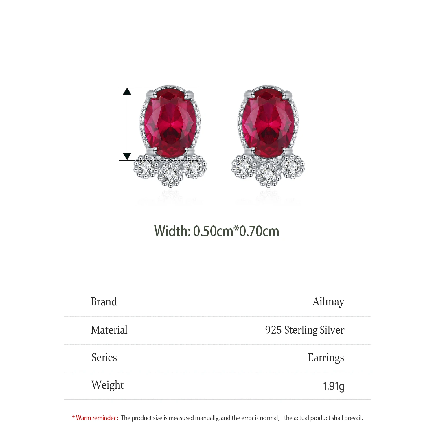 Ailmay Vintage 925 Sterling Silver Geometric Oval Red Zircon Stud Earring For Women Fashion Statement Jewelry 5