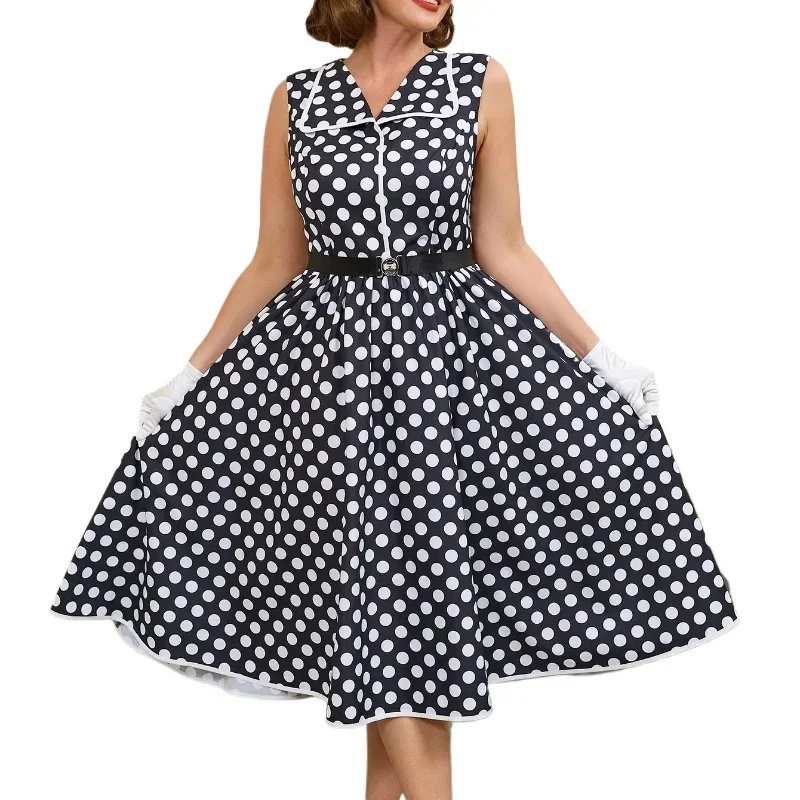 Polka Dot Sleeveless A Line Dress Turn Down Collar Casual Going Out Outfits Elegant Summer Wedding Guest Dress for Women 2025