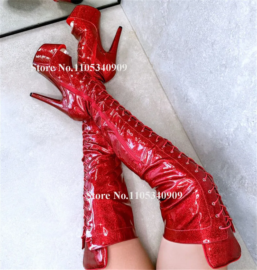 

Bondarenko Newest Super High Stiletto Heel Over Knee Boots Peep Toe Red Pink Patent Leather High Platform Thin Heel Dance Shoes