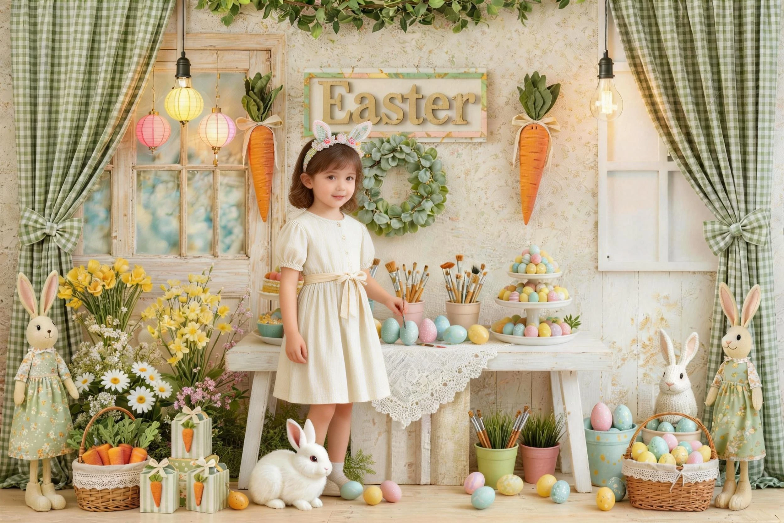 Easter Charming Kitchen Backdrops Easter Sign Bunny Figurines Colorful Treats Spring Decor Ideal Dessert Backgrounds