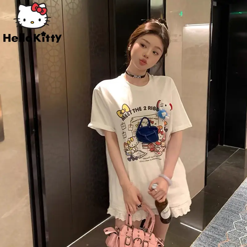 

Sanrio Hello Kitty Tees 3D Cartoon Letter Printed T-shirt For Women Summer New Design Loose Casual Versatile Short Sleeved Tops