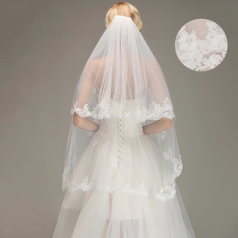 BABYONLINE Ivory Lace Short Wedding Veil with Comb Two Layers 1.5M Tulle Bridal Veil White Wedding Accessories Voile Mariage