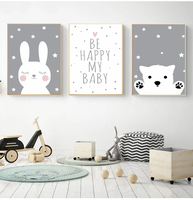 Kids Decoration Picture Children Bedroom Decor Baby Nursery Wall Art Canvas Poster Print Cartoon Rabbit Bear Painting Nordic