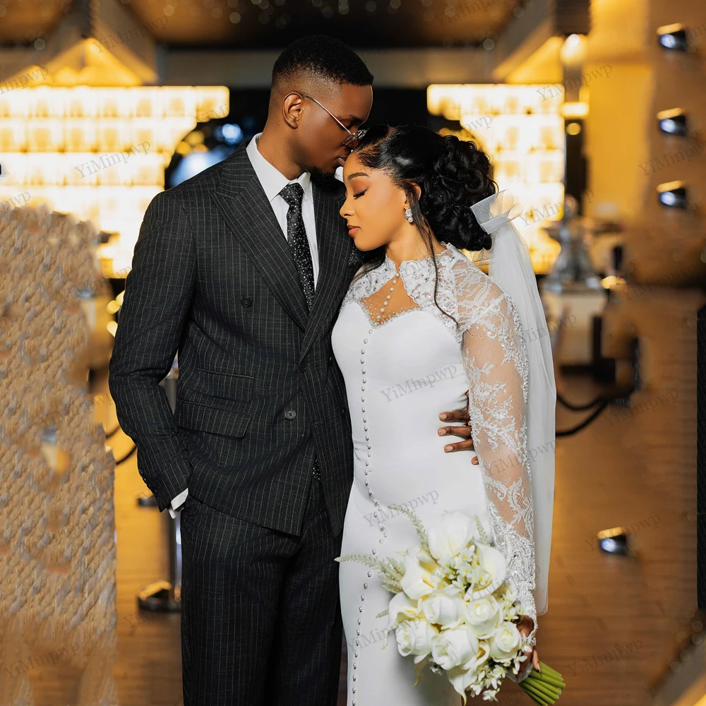 Civil Wedding Dresses for Bride 2026 O-Neck Full Sleeve Tea Length Aso Ebi Nigeria Lace Bridal Reception Dresses Customized