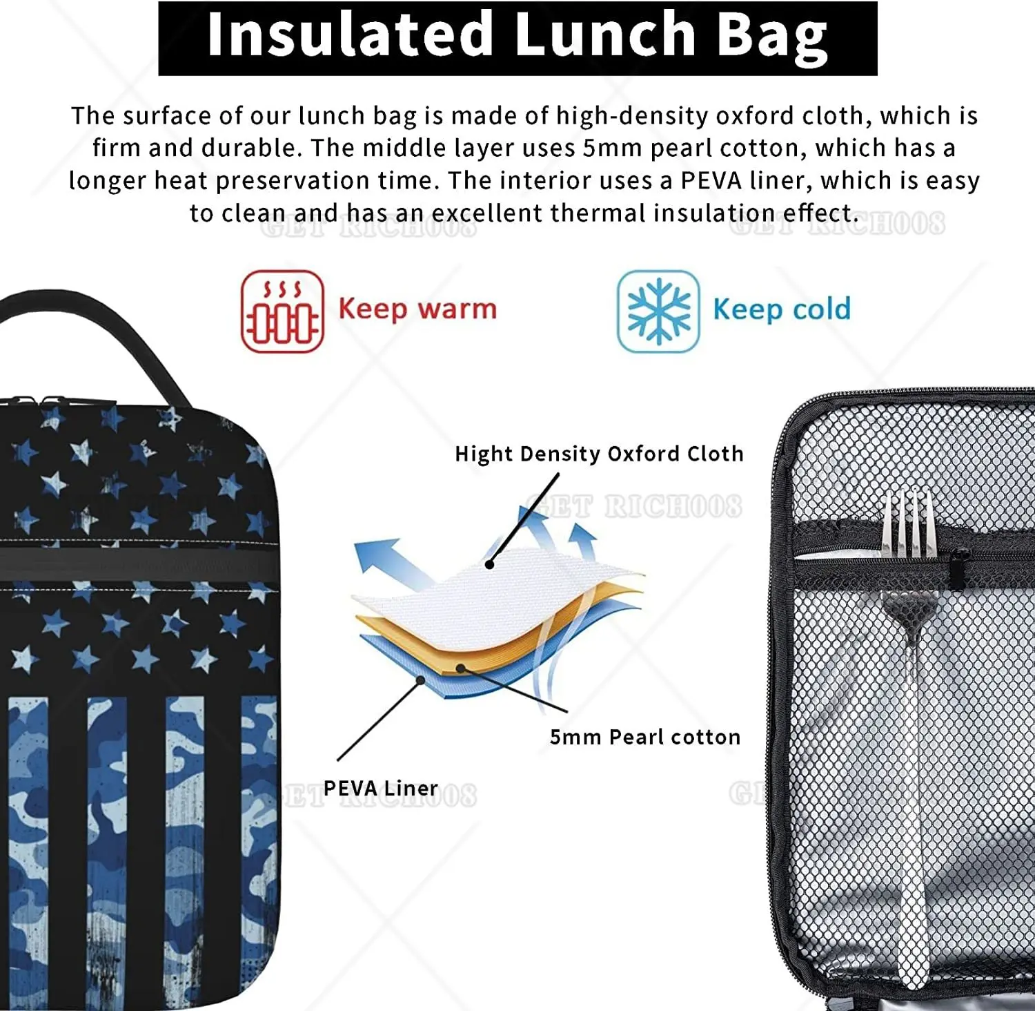 Bolsa de almuerzo de camuflaje con bandera americana para hombres y mujeres, fiambrera aislada para niños y adultos, bolsa de almuerzo reutilizable, bolsa térmica más fresca