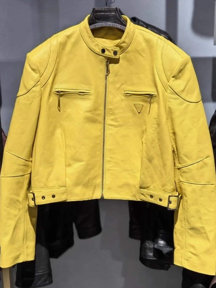 خريف جديد إمرأة الوردي الوقوف طوق جلد الغنم سترة جلدية حقيقية نمط قصير يندبروف دراجة نارية السائق معطف فضفاض صالح سترة