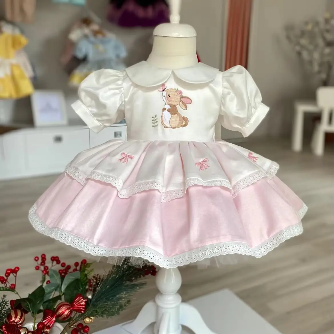 Girls Summer White Vintage Princess Dress with Cute Rabbit Embroidery Design for Easter Birthday Party Holiday Photography B587