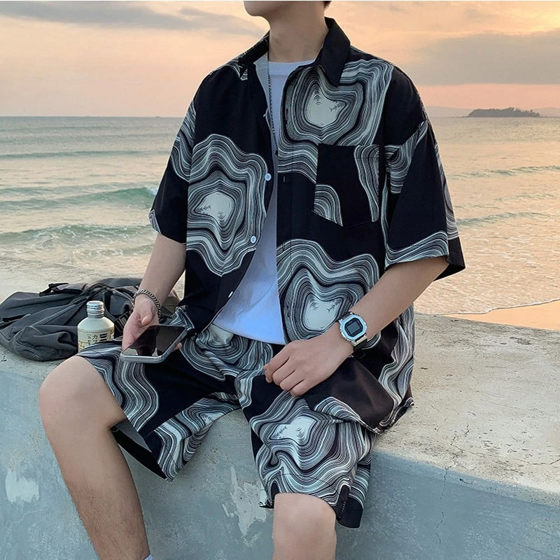

Black Shirts Shorts Suits for Men No Logo Polyester Korean Two Piece Set New in Matching Outdoor High Quality Stylish Man Sets