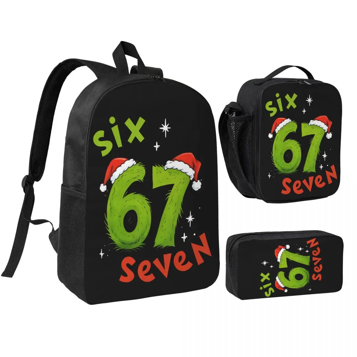 3pecs/set 67 Meme Six Seven Christmas Backpack for Student Shoulder Bag Lunch bag Pencil Case