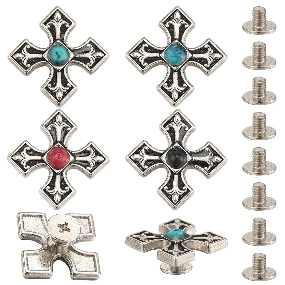 10Pcs Cross Turquoise Leather Decorative Buckle Conchos Button Leather Craft Goods Screw Back DIY Leathercraft Accessories